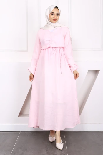 Açık Pembe Önü Büzgülü Müslin Elbise