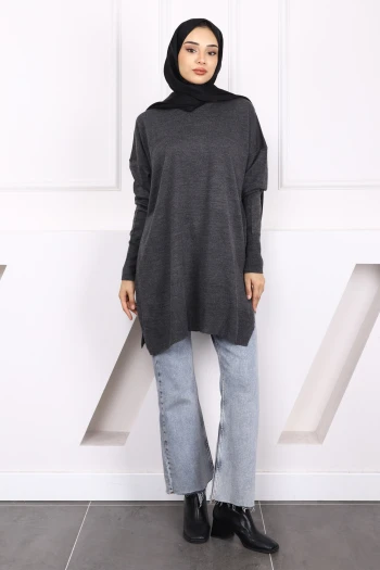 Antrasit Bisiklet Yaka Merserize Salaş Triko Tunik