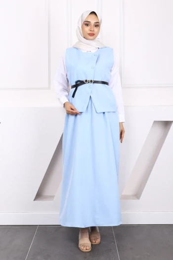 Bebe Mavi Kemerli Krep Yelek Etekli Takım