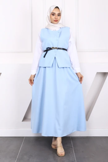 Bebe Mavi Kemerli Krep Yelek Etekli Takım