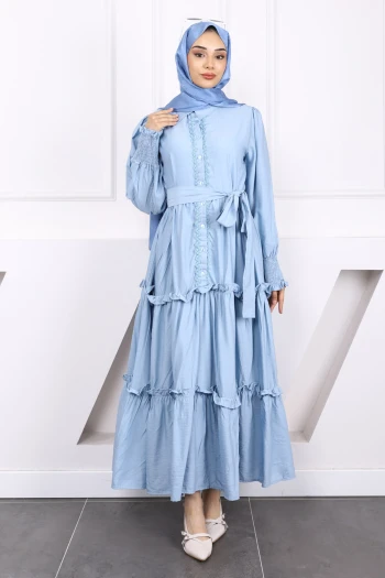 Bebe Mavi Önü Nakışlı Bel Kuşaklı Elbise