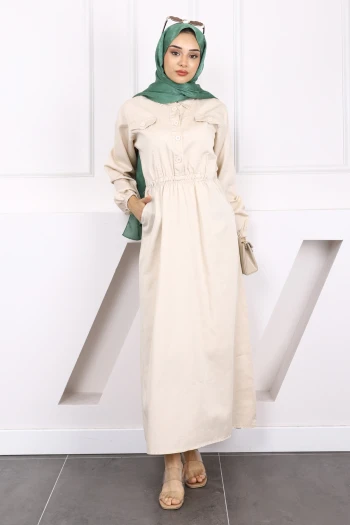 Bej Bel Lastikli Cepli Gabardin Elbise