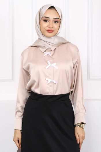Bej Fiyonklu Saten Gömlek