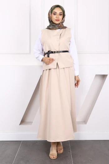 Bej Kemerli Krep Yelek Etekli Takım