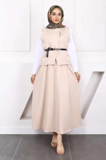 Bej Kemerli Krep Yelek Etekli Takım