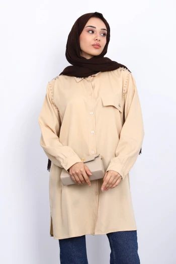 Bej Omuzları İncili Tunik