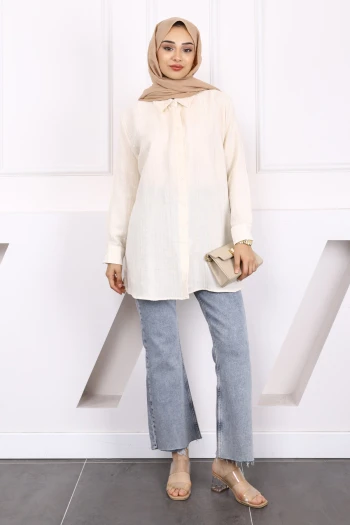 Bej Sim Çizgili Keten Tunik