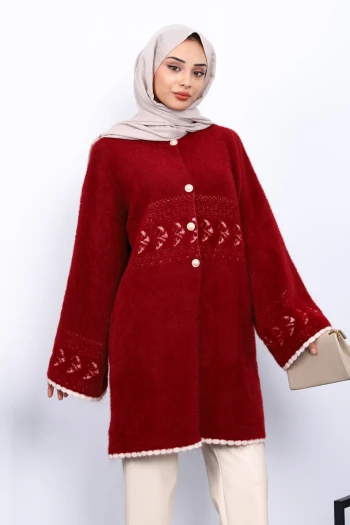 Bordo Desenli Sakal Triko Hırka