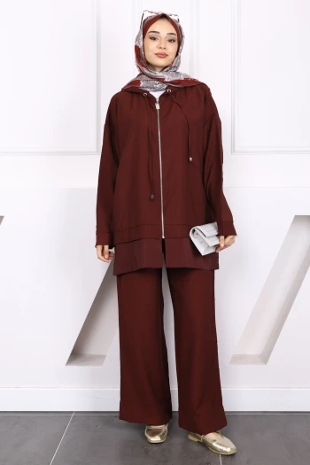 Bordo Fermuarlı Tunik Pantolonlu Takım