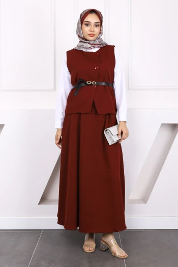 Bordo Kemerli Krep Yelek Etekli Takım