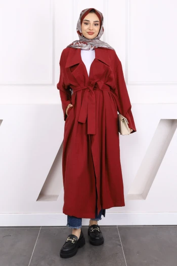 Bordo Kruvaze Yaka Bel Kuşaklı Modal Trençkot