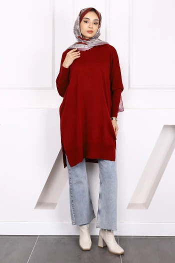Bordo Mevsimlik Merserize Salaş Triko Tunik