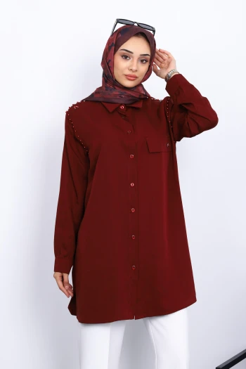 Bordo Omuzları İncili Tunik