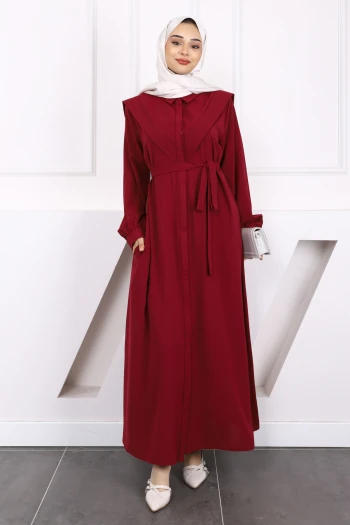 Bordo Önü Düğmeli Cepli Elbise
