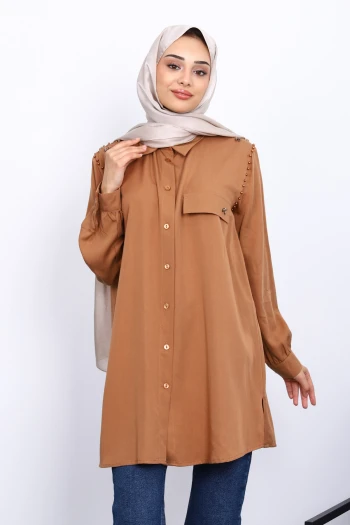 Camel Omuzları İncili Tunik