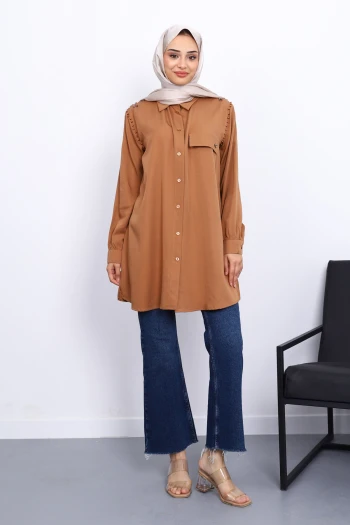 Camel Omuzları İncili Tunik