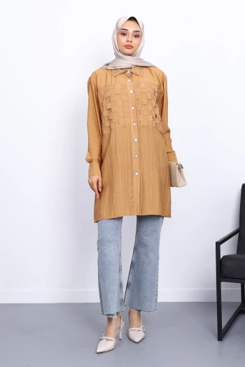 Camel Yaka Taşlı Ön Örgülü Tunik