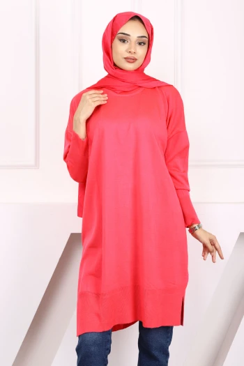 Fuşya Bisiklet Yaka Merserize Salaş Triko Tunik