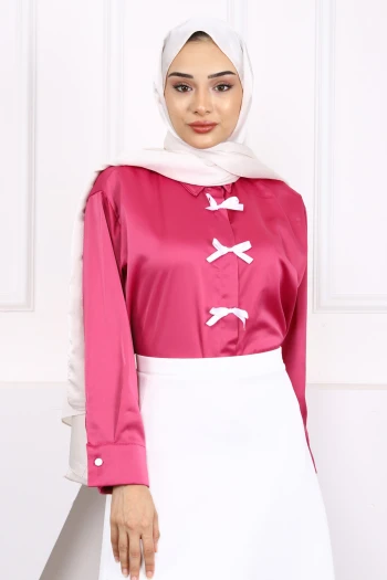 Fuşya Fiyonklu Saten Gömlek