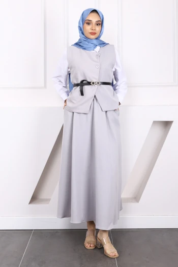 Gri Kemerli Krep Yelek Etekli Takım