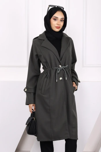 Haki Bel Bağlamalı Kaşe Kaban