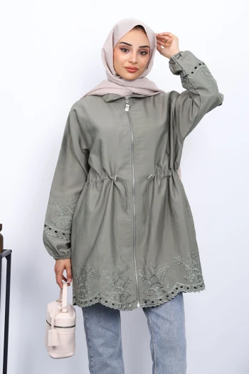 Haki Bel Lastikli Nakış Detaylı Trenç