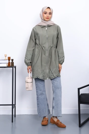 Haki Bel Lastikli Nakış Detaylı Trenç