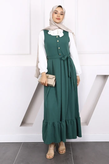 Haki Kuşaklı Bluz Kombinli Jile Elbise