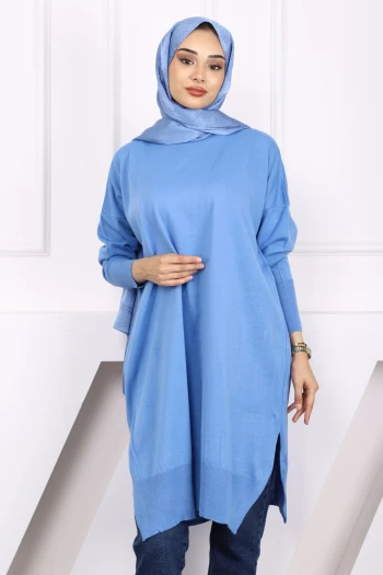 İndigo Bisiklet Yaka Merserize Salaş Triko Tunik