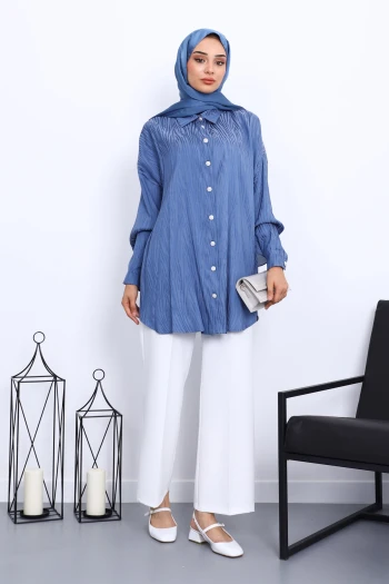 İndigo Jakarlı Düğmeli Gömlek