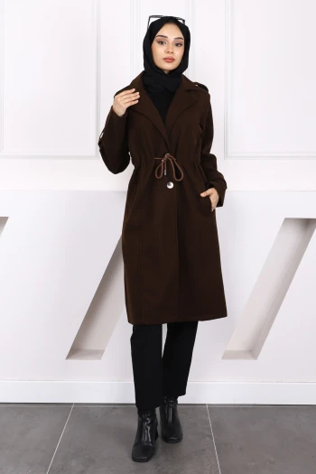 Kahverengi Bel Bağlamalı Kaşe Kaban