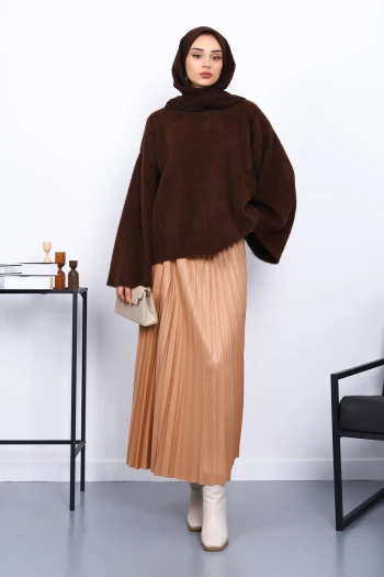 Kahverengi Bisiklet Yaka Oversize Sakal Triko Kazak