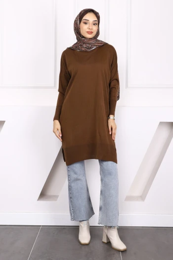 Kahverengi Mevsimlik Merserize Salaş Triko Tunik