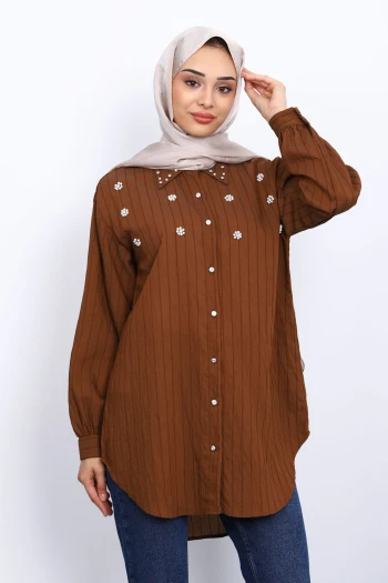 Kahverengi Taş Detaylı Tunik