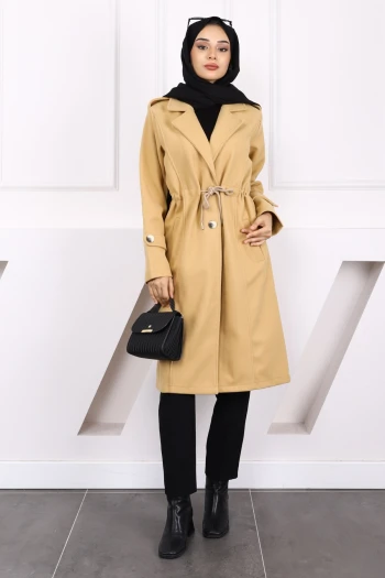 Koyu Bej Bel Bağlamalı Kaşe Kaban