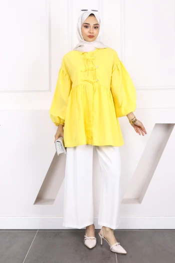 Koyu Sarı Kol Lastikli Ön Düğmeli Tunik