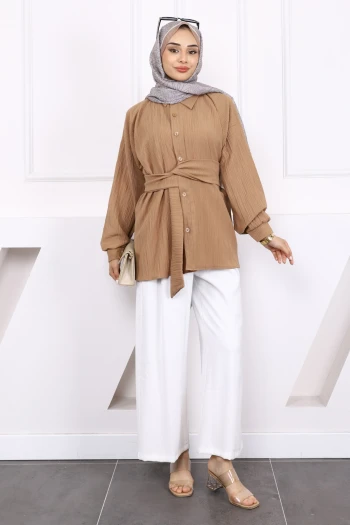 Koyuv Vizon Kuşak Detaylı Bürümcük Gömlek