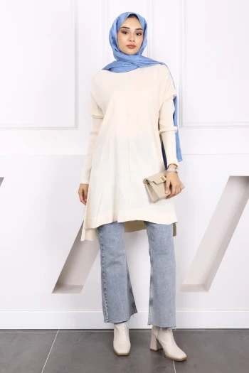 Krem Bisiklet Yaka Merserize Salaş Triko Tunik