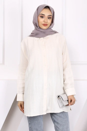 Krem Sim Çizgili Keten Tunik