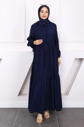 Lacivert Bel Bağlamalı Dantelli Elbise