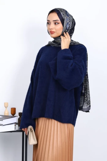 Lacivert Bisiklet Yaka Oversize Sakal Triko Kazak
