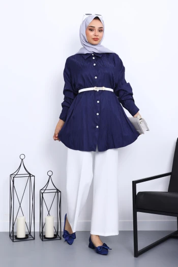 Lacivert Jakarlı Düğmeli Gömlek