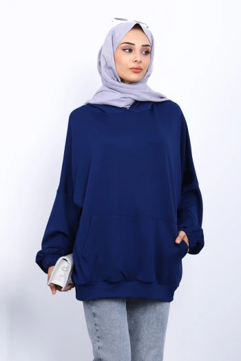 Lacivert Kanguru Cepli Modal Sweatshirt