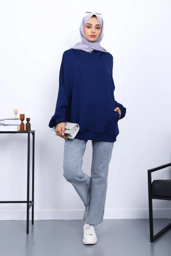 Lacivert Kanguru Cepli Modal Sweatshirt