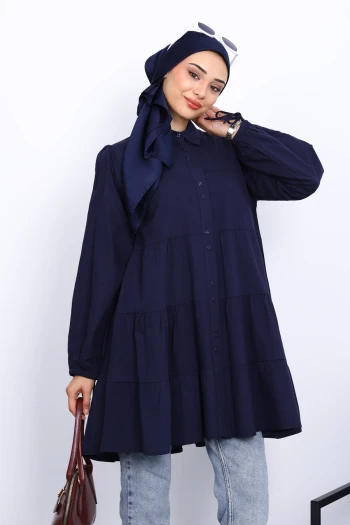 Lacivert Kol Bağcıklı Tunik