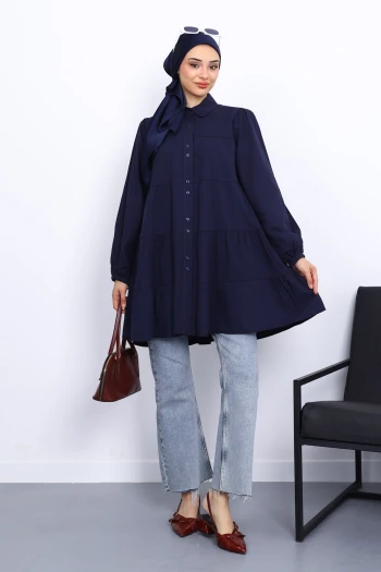 Lacivert Kol Bağcıklı Tunik