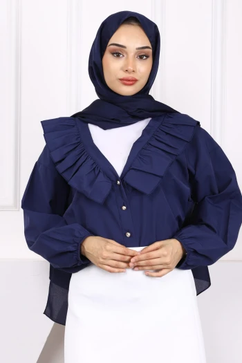 Lacivert Yaka Fırfırlı Düğmeli Gömlek