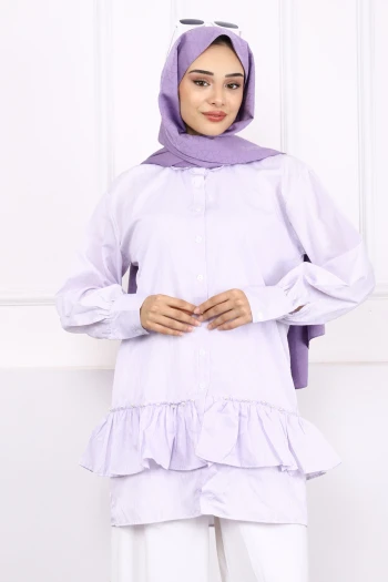 Lila Çizgili Etek Ucu İncili Tunik