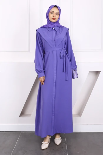 Lila Önü Düğmeli Cepli Elbise