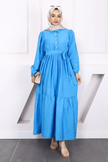 Mavi Bel Büzgülü Keten Elbise